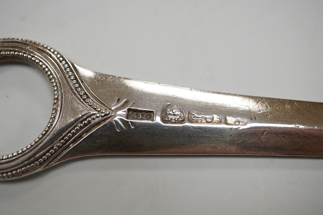 A George III silver meat skewer, with engraved monogram and beaded ring handle, William Sumner I, London, 1784, 28.5cm.